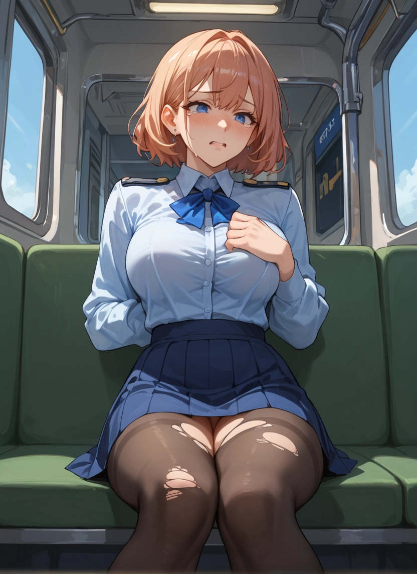 1girl, pantyhose, skirt, torn clothes, torn legwear, blue eyes · Yamete.gg