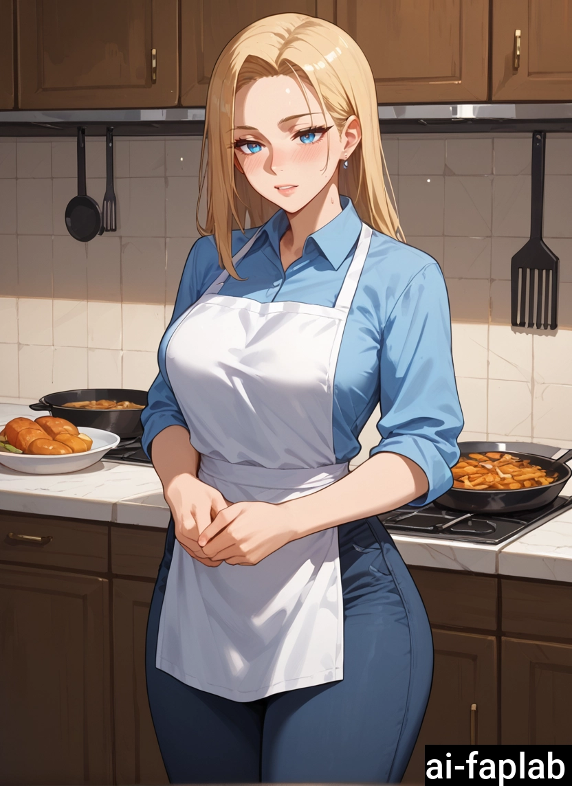 1girl, shirt, blonde hair, solo, apron, pants