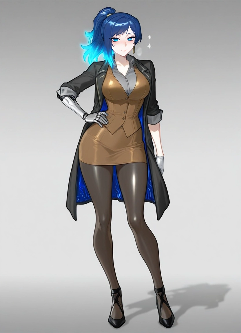1girl, blue hair, solo, pantyhose, breasts, skirt · Yamete.gg