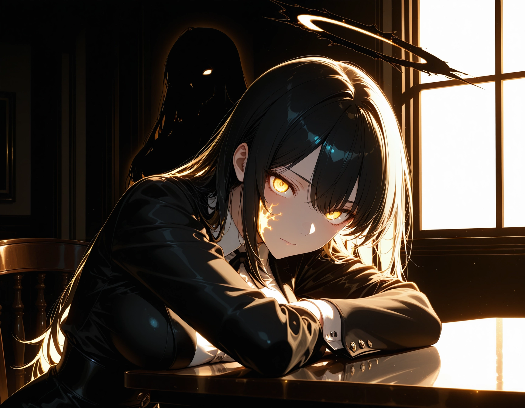 long hair, 1girl, black hair, yellow eyes, looking at viewer, breasts · Yamete.gg