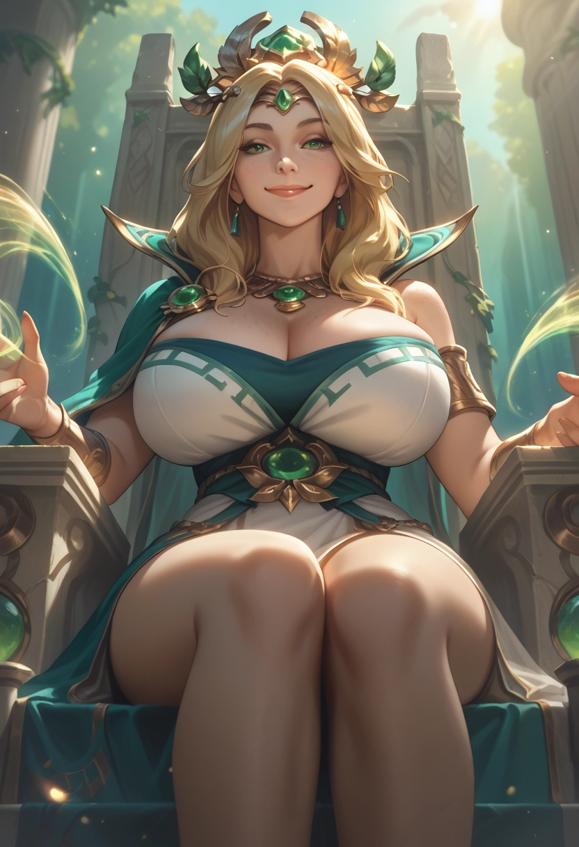 breasts, 1girl, blonde hair, jewelry, green eyes, sitting · Yamete.gg