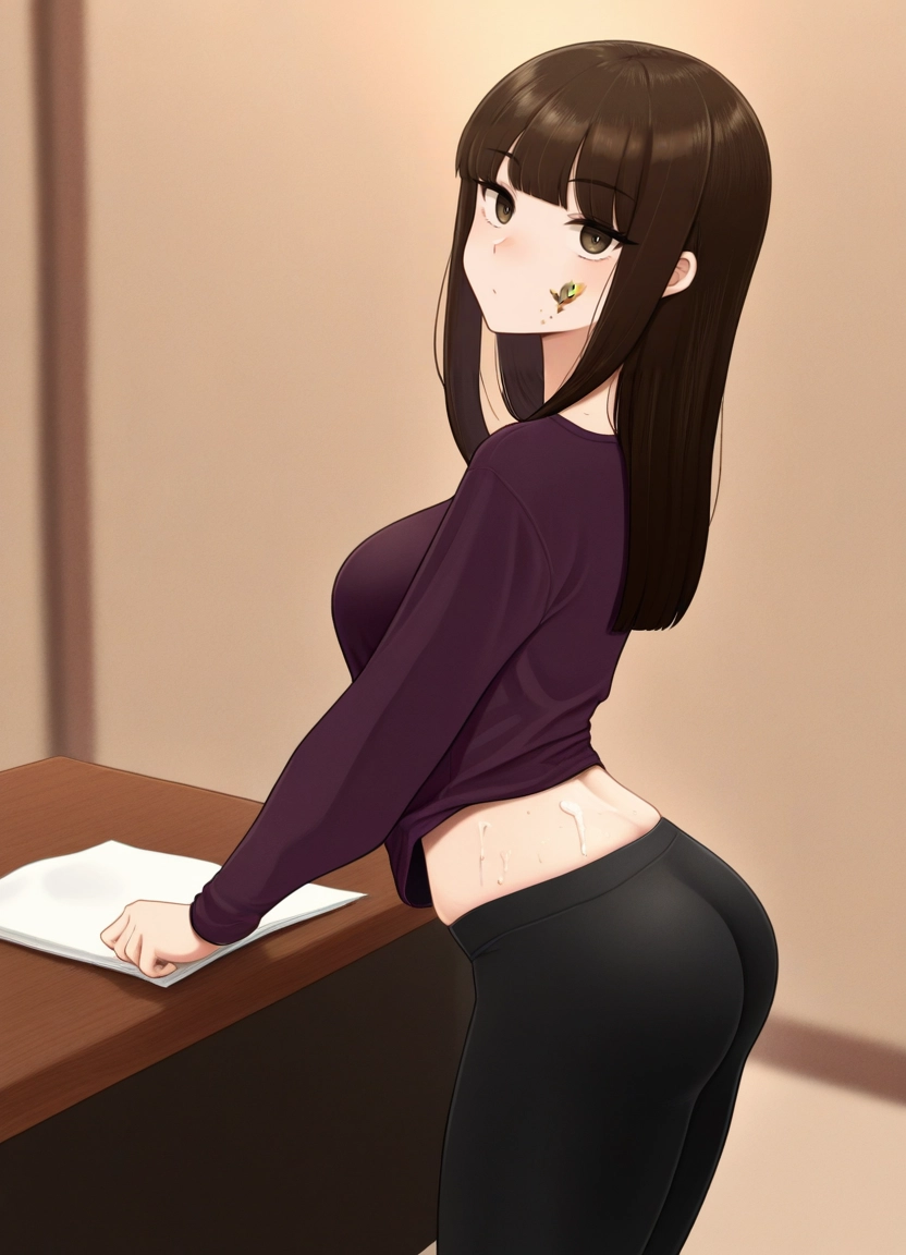 1girl, solo, ass, looking at viewer, long hair, purple shirt · Yamete.gg