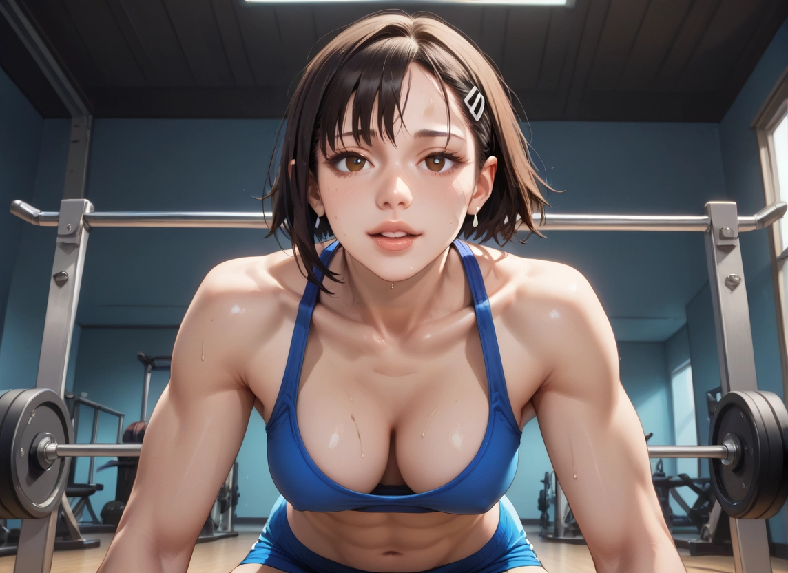 1girl, breasts, gym, sweat, exercise, hair ornament · Yamete.gg