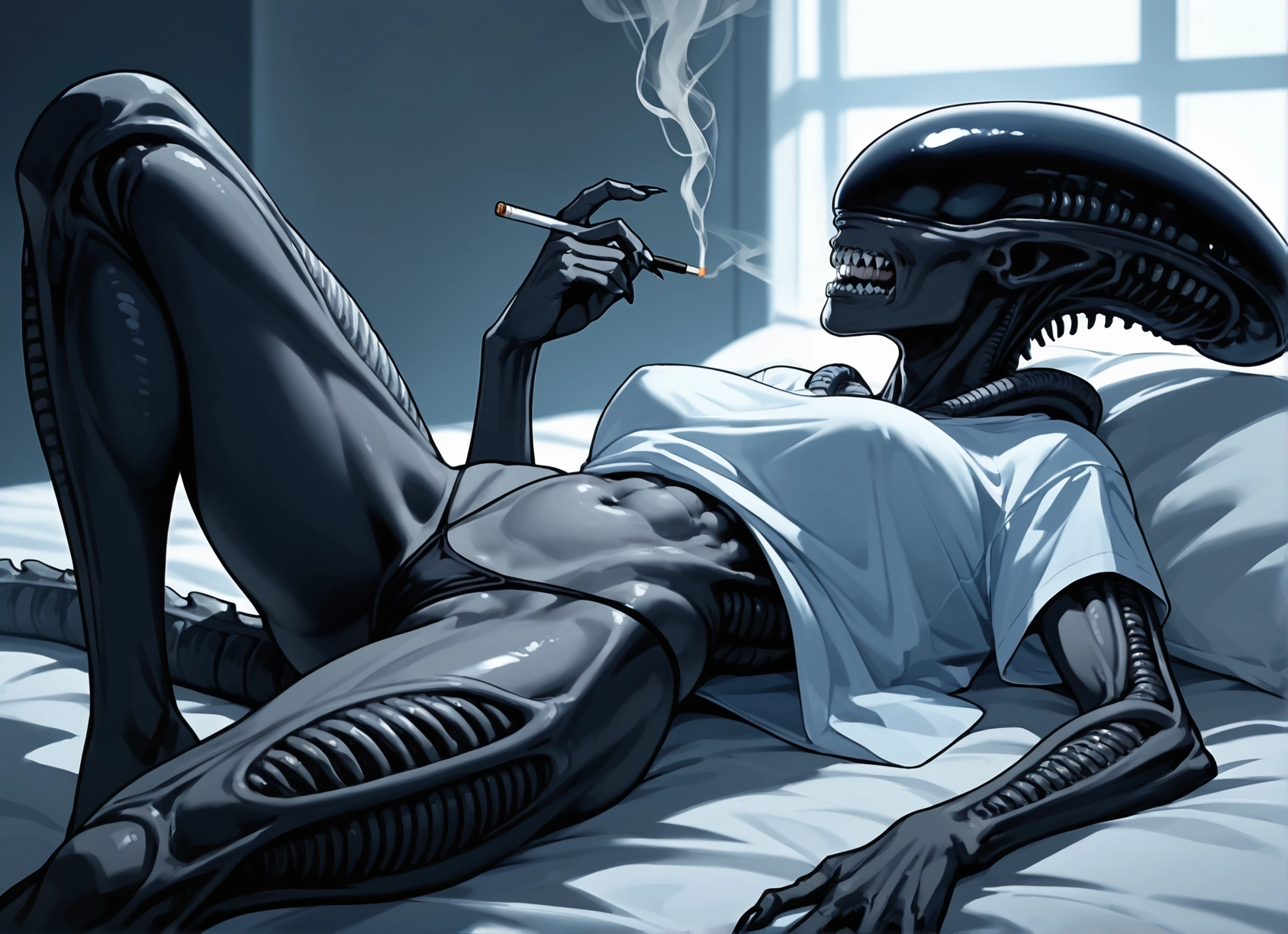 1girl, cigarette, breasts, smoking, abs, lying · Yamete.gg