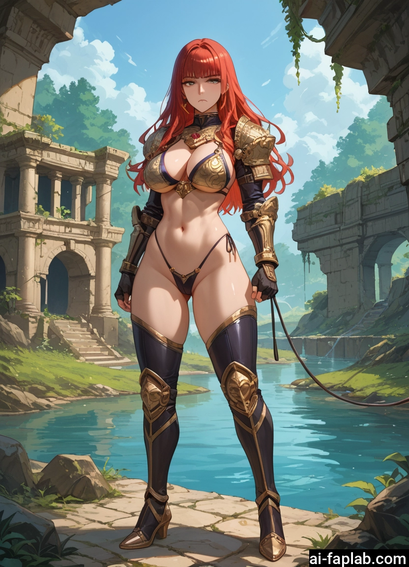 1girl, breasts, armor, solo, long hair, navel