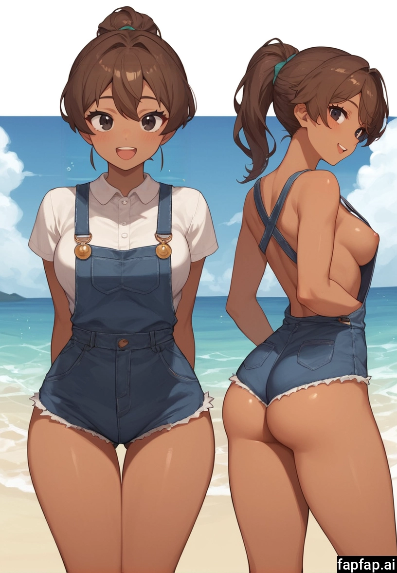 breasts, smile, shirt, brown hair, dark skin, looking at viewer