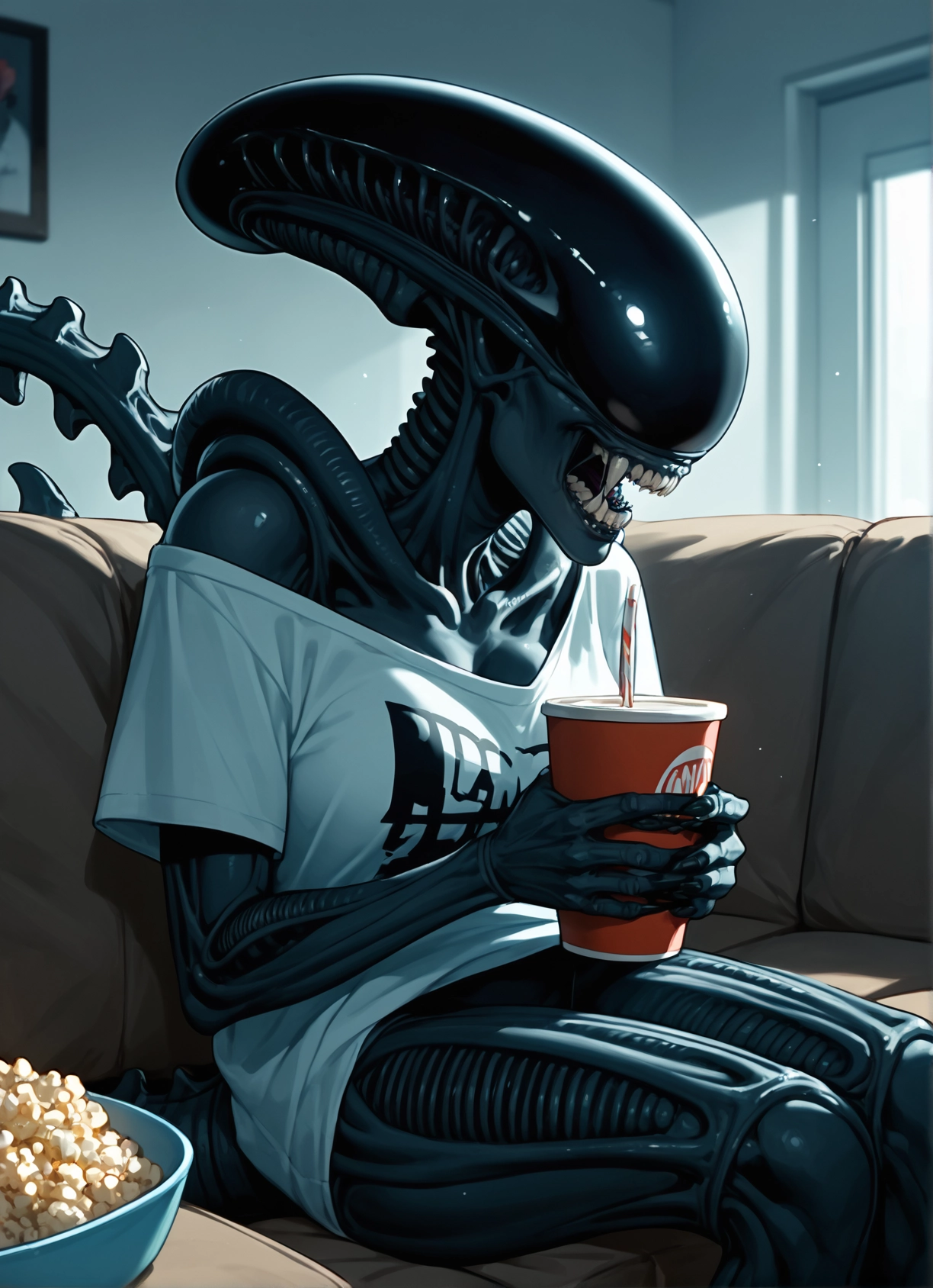 shirt, popcorn, sitting, teeth, food, cup · Yamete.gg