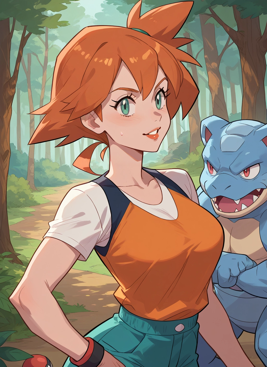 1girl, orange hair, side ponytail, breasts, outdoors, tree · Yamete.gg