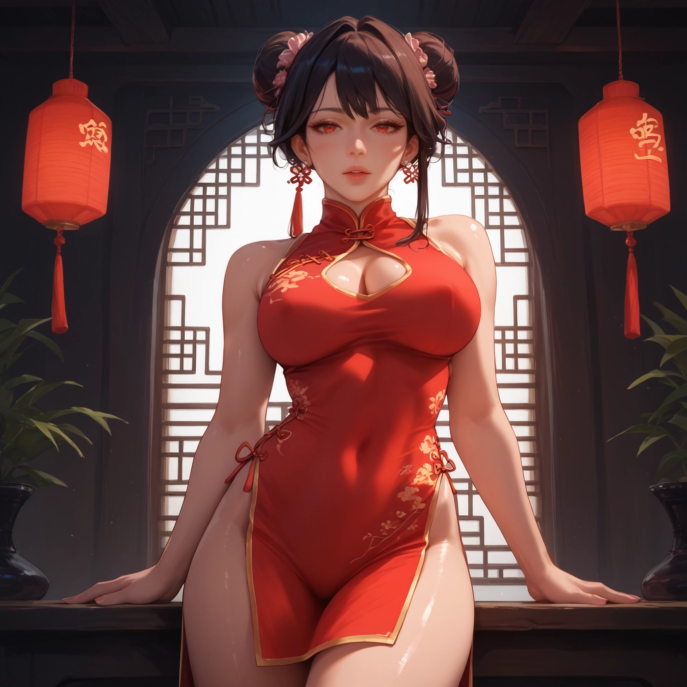 1girl, breasts, dress, chinese clothes, china dress, double bun · Yamete.gg