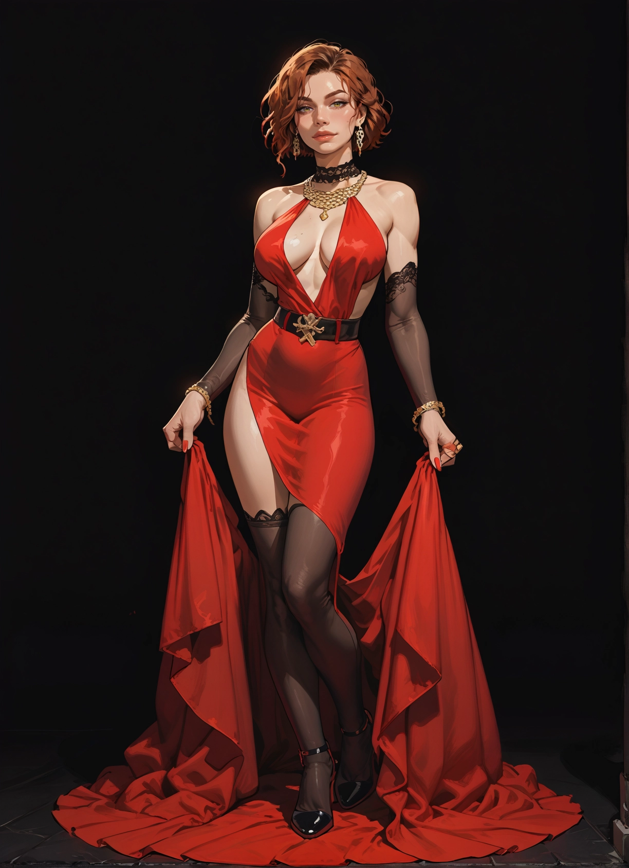 1girl, dress, breasts, thighhighs, jewelry, solo · Yamete.gg