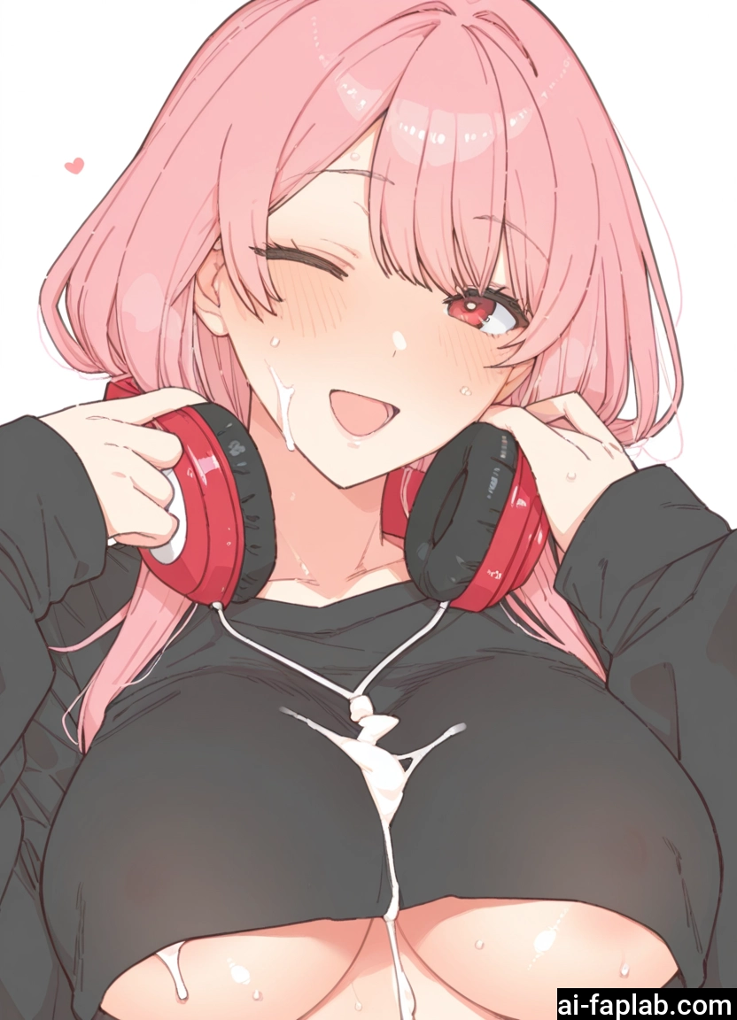 1girl, breasts, pink hair, headphones, one eye closed, cum