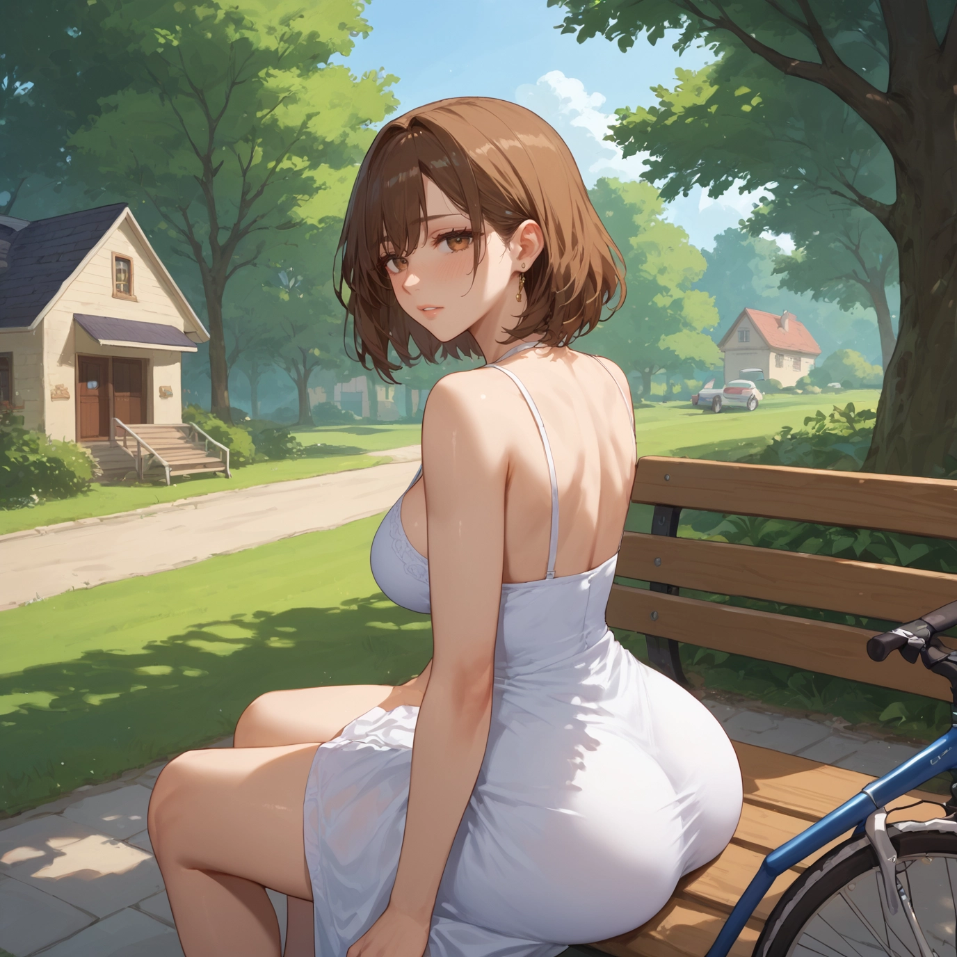 1girl, ass, dress, brown hair, breasts, bicycle · Yamete.gg
