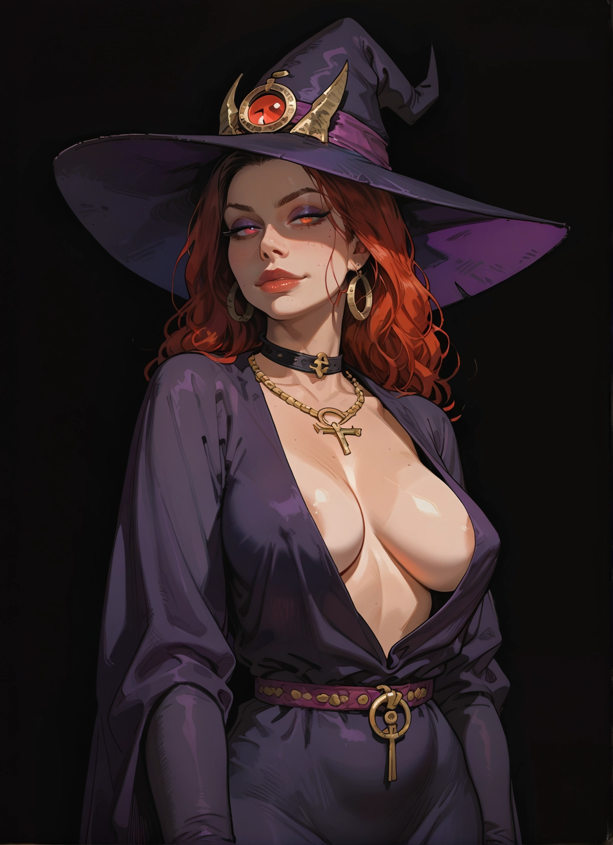 1girl, breasts, hat, witch hat, jewelry, earrings · Yamete.gg