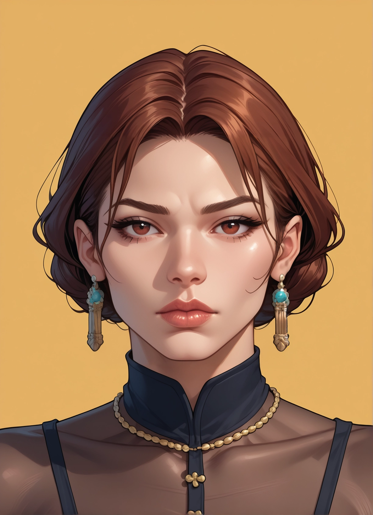 1girl, solo, jewelry, brown hair, earrings, brown eyes · Yamete.gg