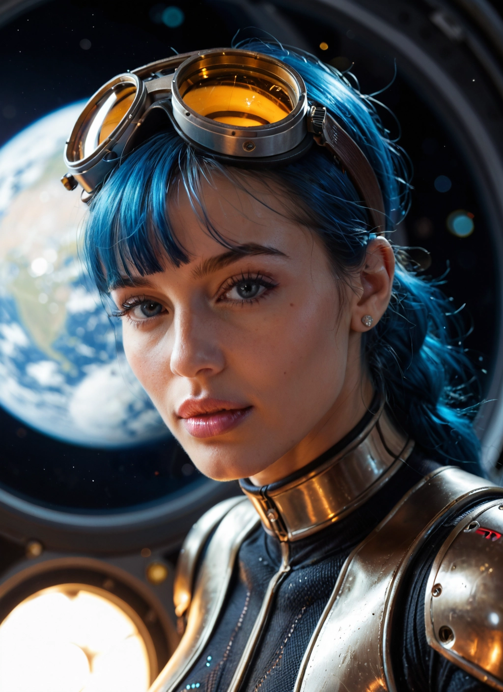 1girl, solo, goggles, goggles on head, looking at viewer, planet · Yamete.gg