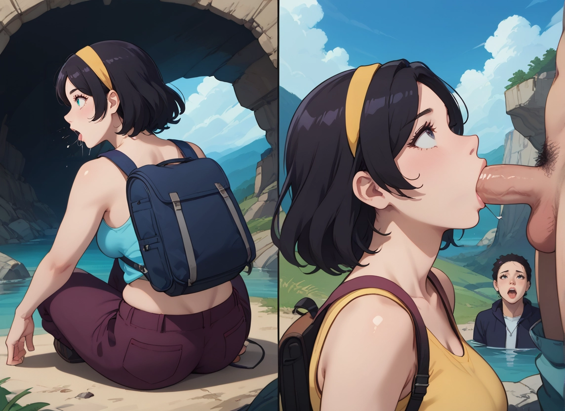 1girl, yellow hairband, penis, hetero, black hair, hairband