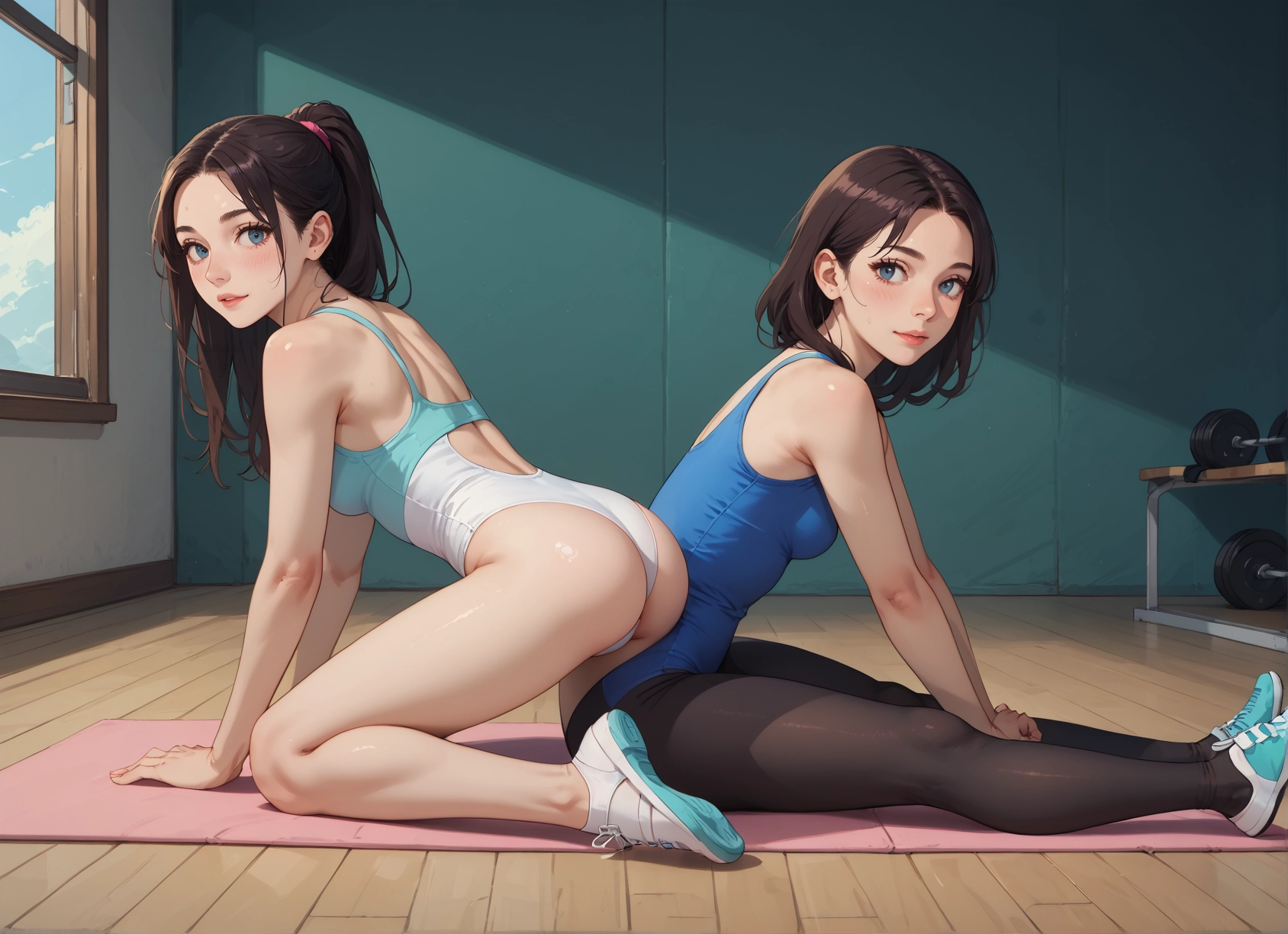 blue eyes, ass, brown hair, shoes, pantyhose, 2girls · Yamete.gg