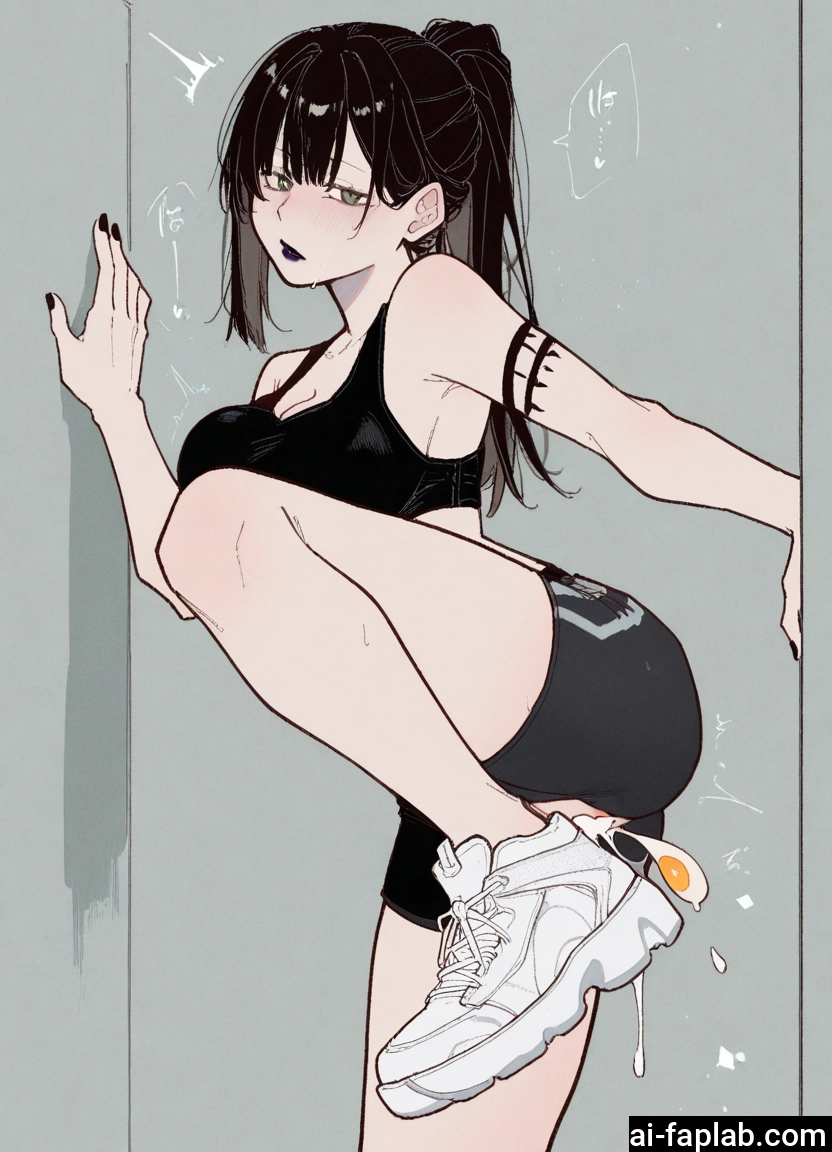 1girl, breasts, shoes, ponytail, solo, black hair