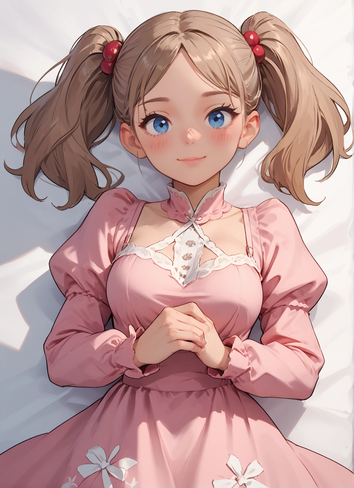 1girl, solo, blue eyes, twintails, dress, lying · Yamete.gg