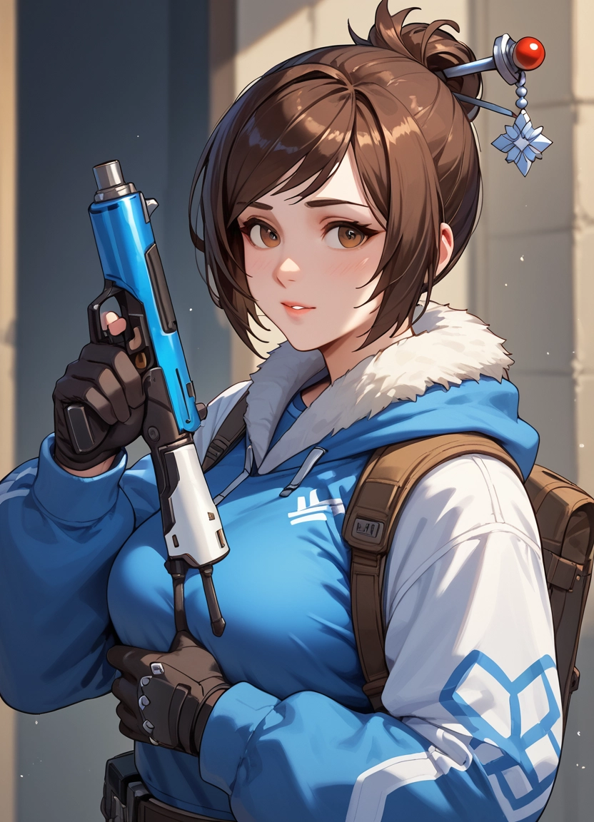 1girl, brown hair, weapon, gun, solo, hair ornament · Yamete.gg
