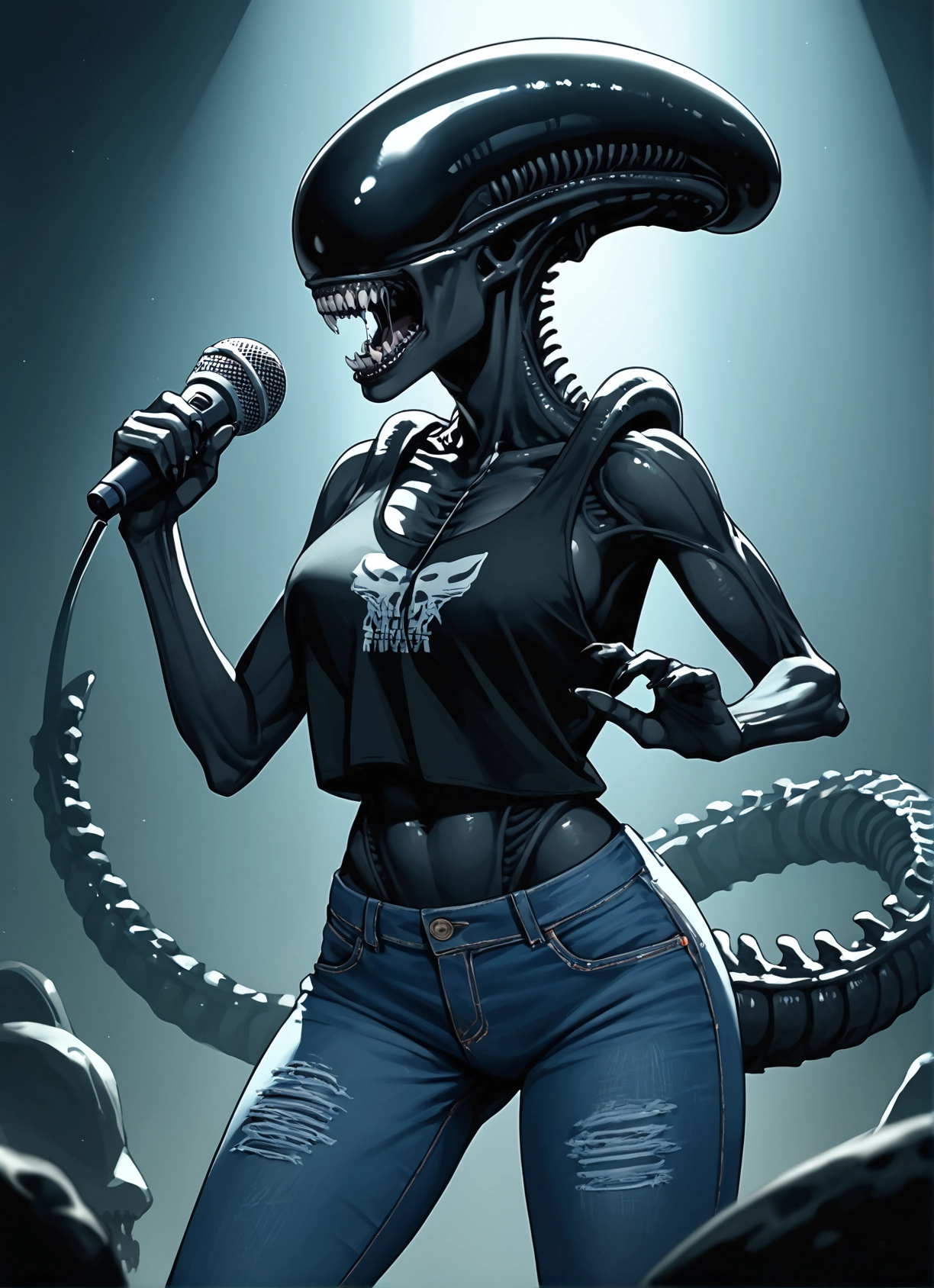 1girl, pants, microphone, denim, jeans, teeth · Yamete.gg