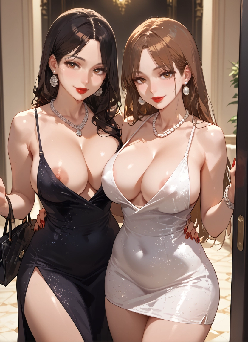 breasts, multiple girls, 2girls, dress, jewelry, brown hair · Yamete.gg