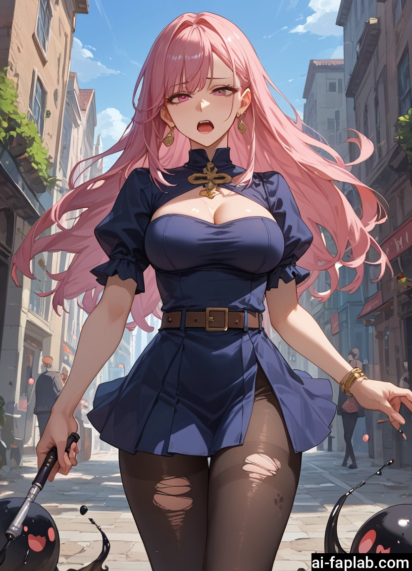 breasts, pantyhose, pink hair, jewelry, torn clothes, earrings · Yamete.gg