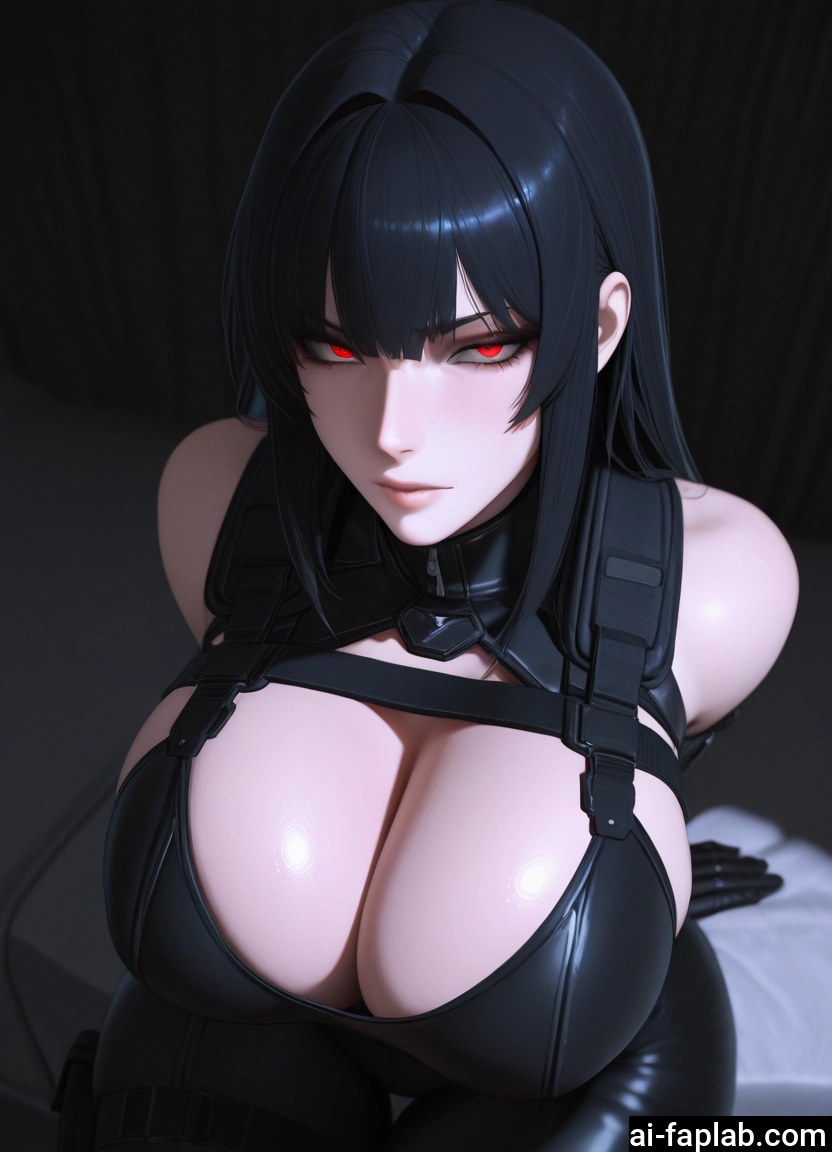 breasts, 1girl, red eyes, cleavage, black hair, looking at viewer