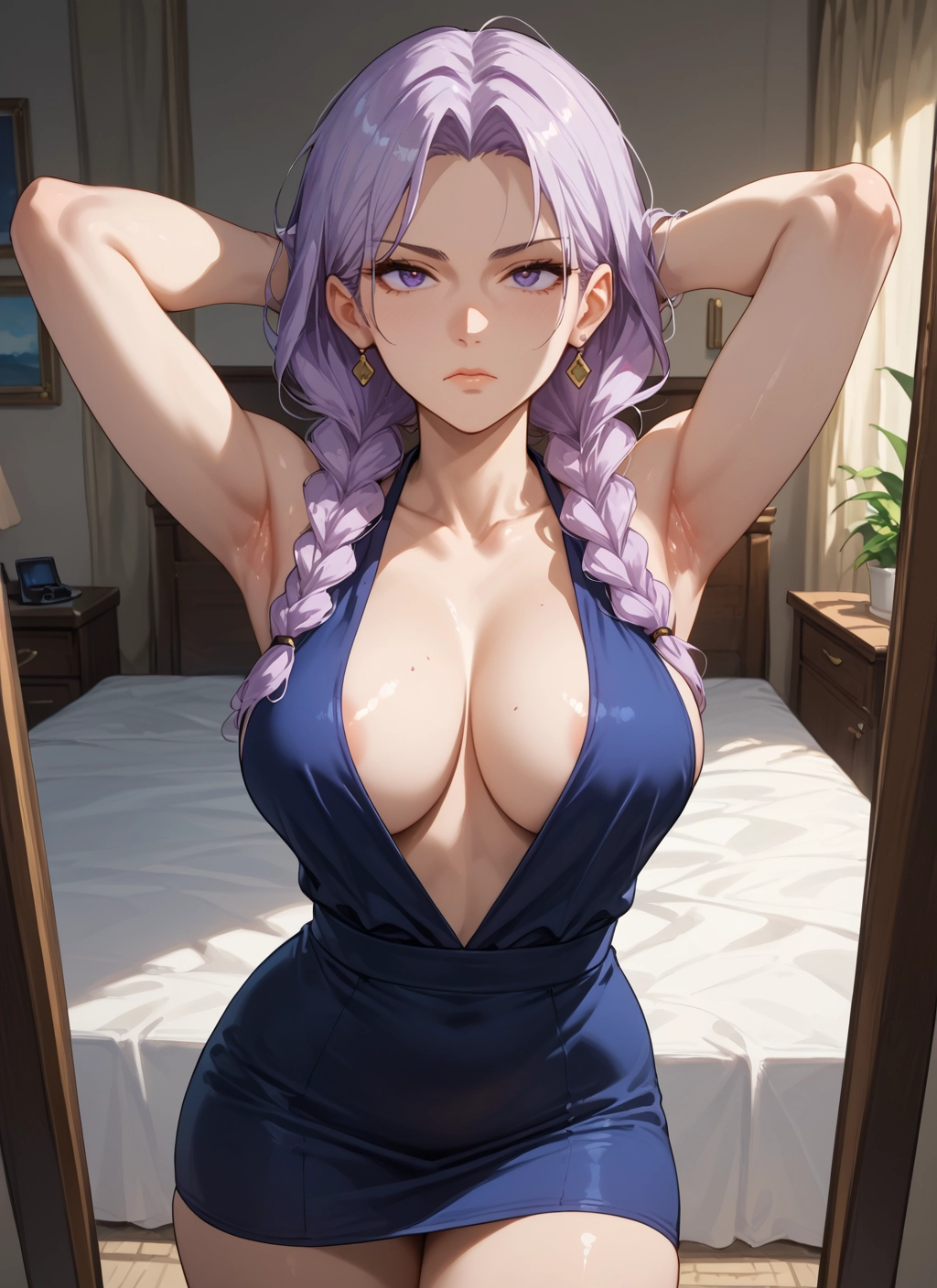 breasts, 1girl, armpits, jewelry, braid, earrings · Yamete.gg