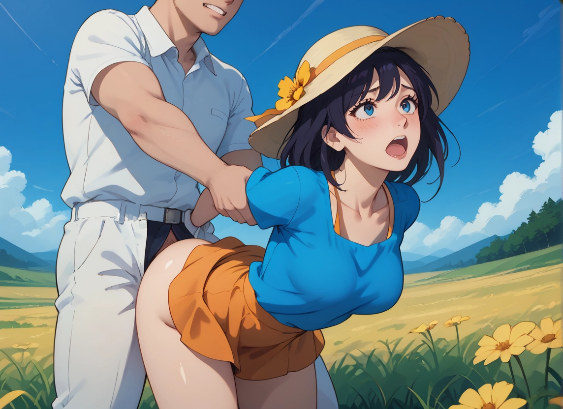 1girl, 1boy, outdoors, hat, blue eyes, hetero · Yamete.gg