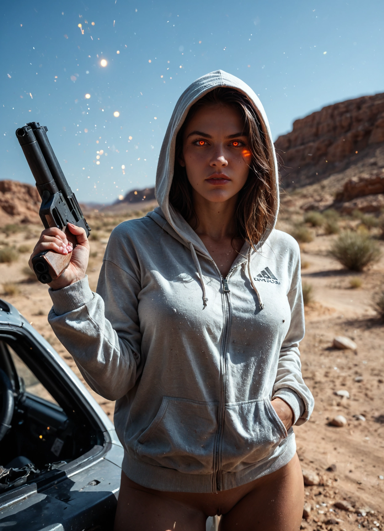 1girl, gun, weapon, solo, handgun, hood · Yamete.gg