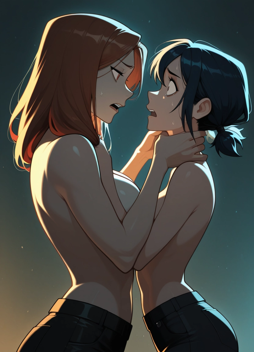 multiple girls, 2girls, breasts, topless, pants, yuri · Yamete.gg