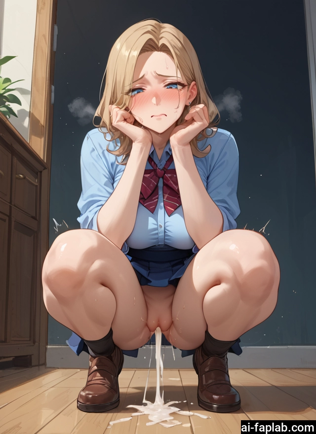 1girl, solo, cum, squatting, blue eyes, blush