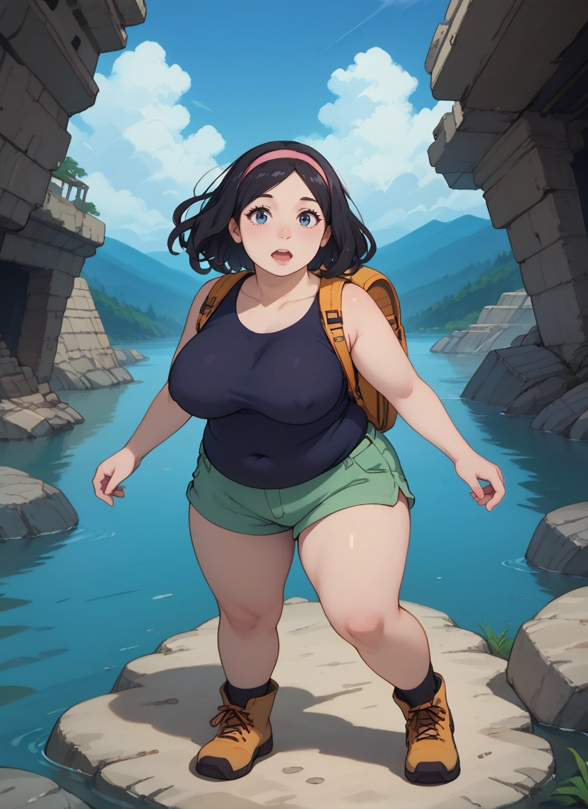 1girl, breasts, backpack, shorts, solo, outdoors