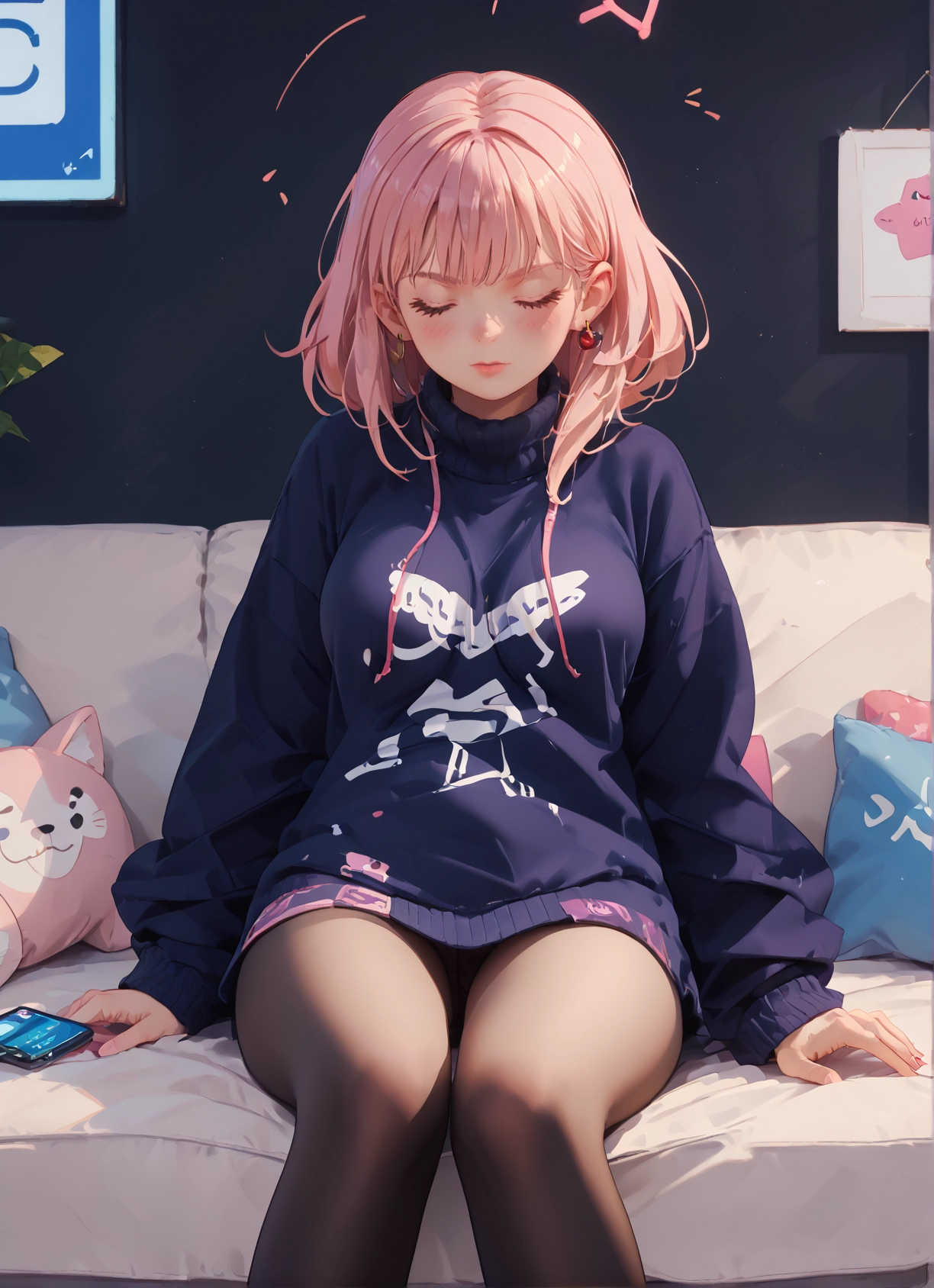 1girl, closed eyes, pantyhose, jewelry, earrings, sitting · Yamete.gg