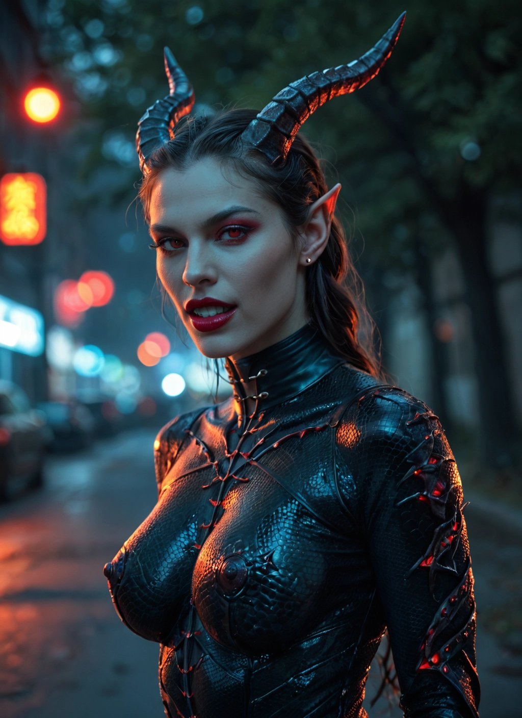 1girl, horns, solo, pointy ears, breasts, jewelry · Yamete.gg