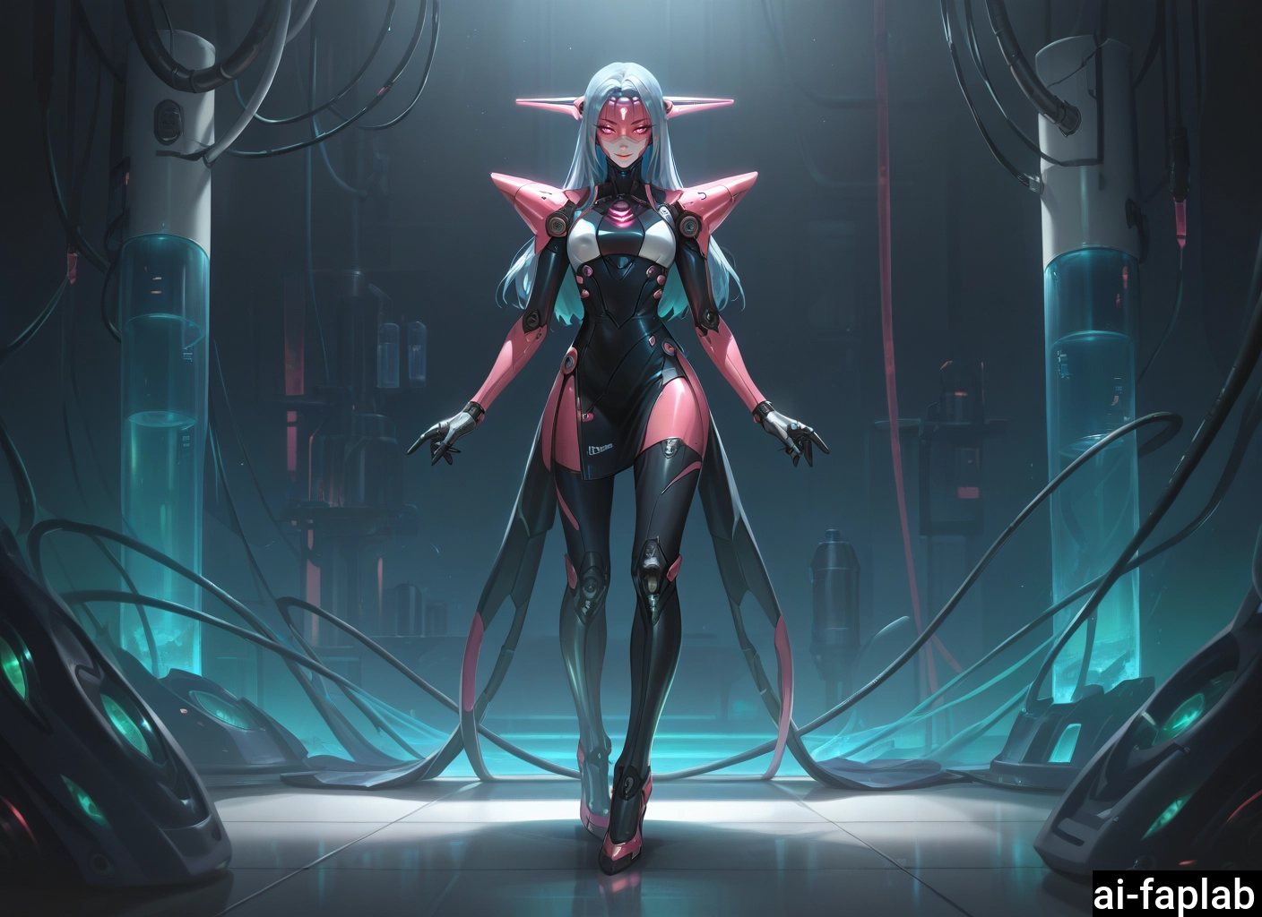 1girl, solo, long hair, thighhighs, science fiction, android