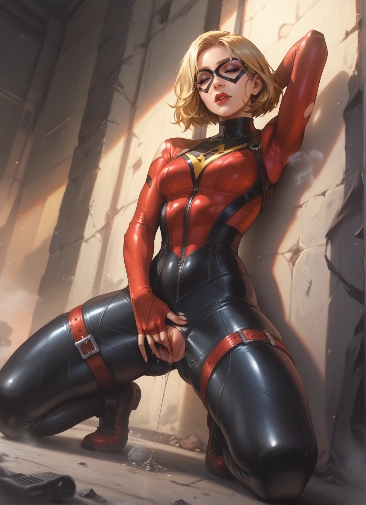 1girl, solo, blonde hair, bodysuit, mask, pussy juice · Yamete.gg
