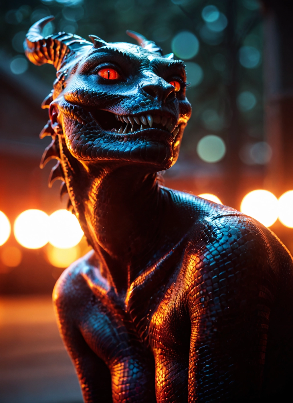 solo, horns, teeth, red eyes, blurry, sharp teeth · Yamete.gg
