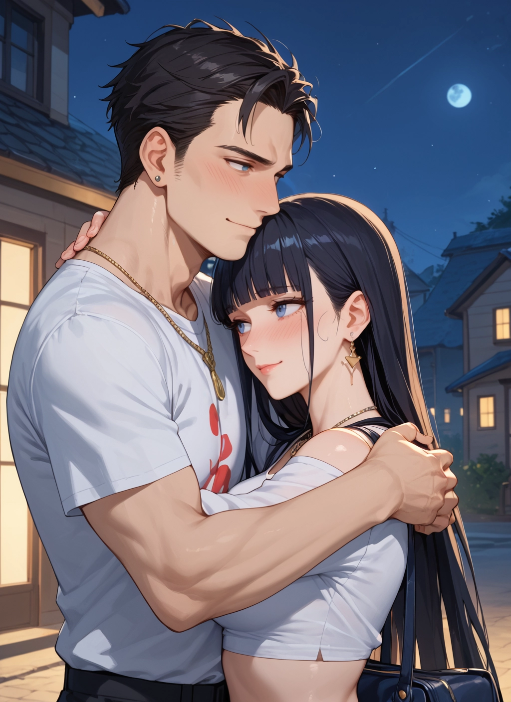 1girl, 1boy, jewelry, black hair, earrings, long hair · Yamete.gg