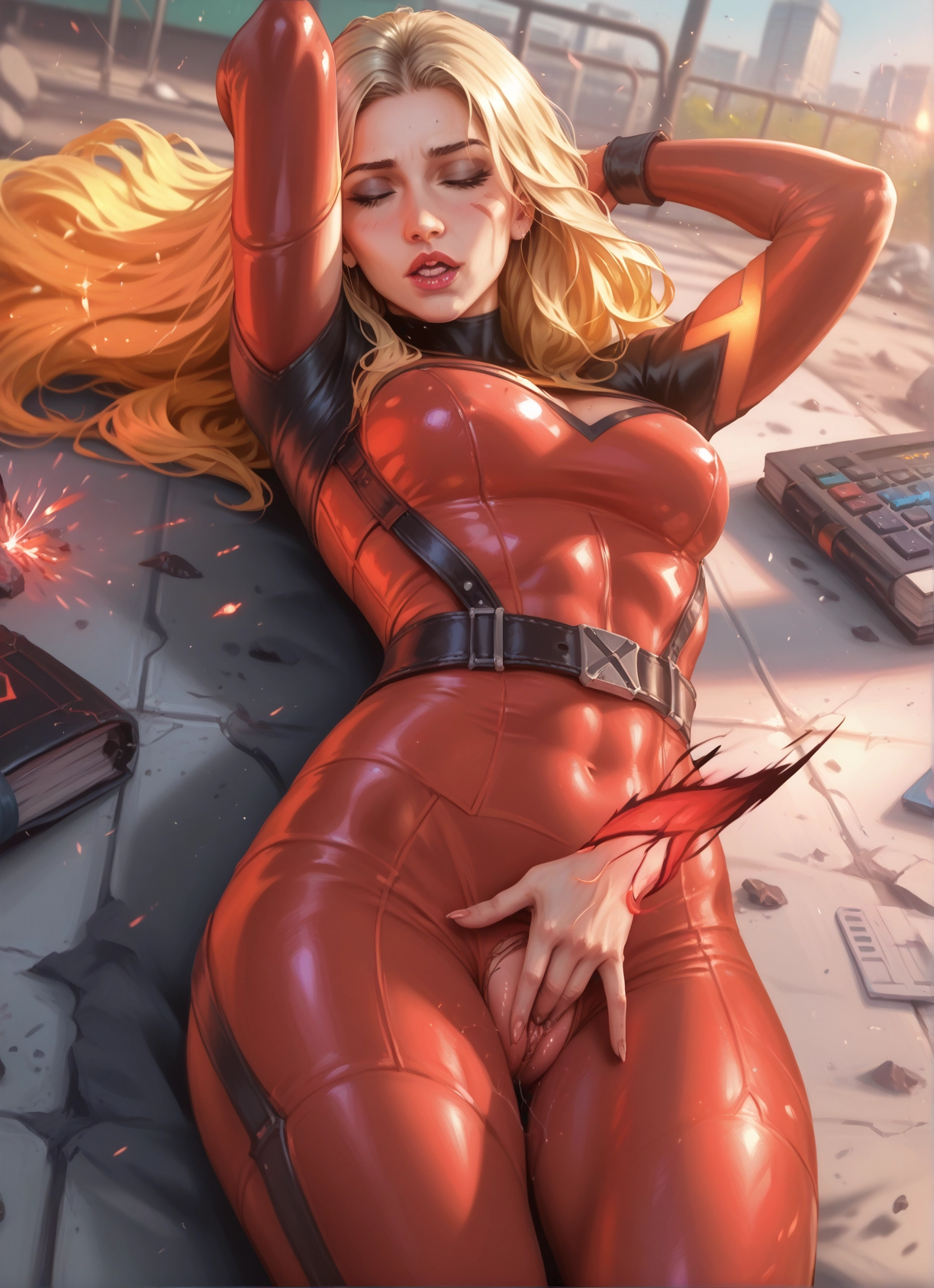 1girl, blonde hair, solo, bodysuit, breasts, closed eyes · Yamete.gg