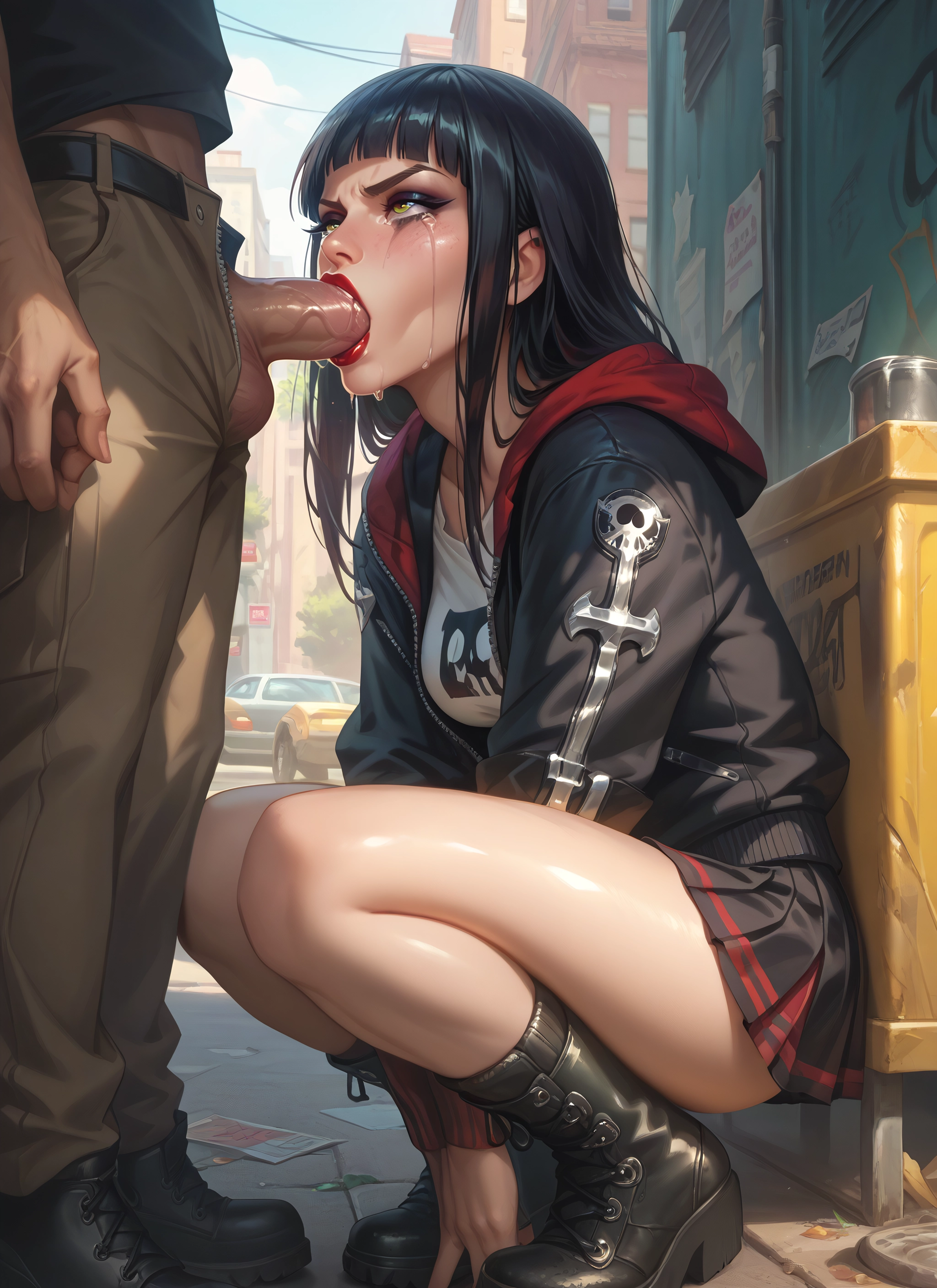 1girl, penis, black hair, hetero, oral, 1boy · Yamete.gg