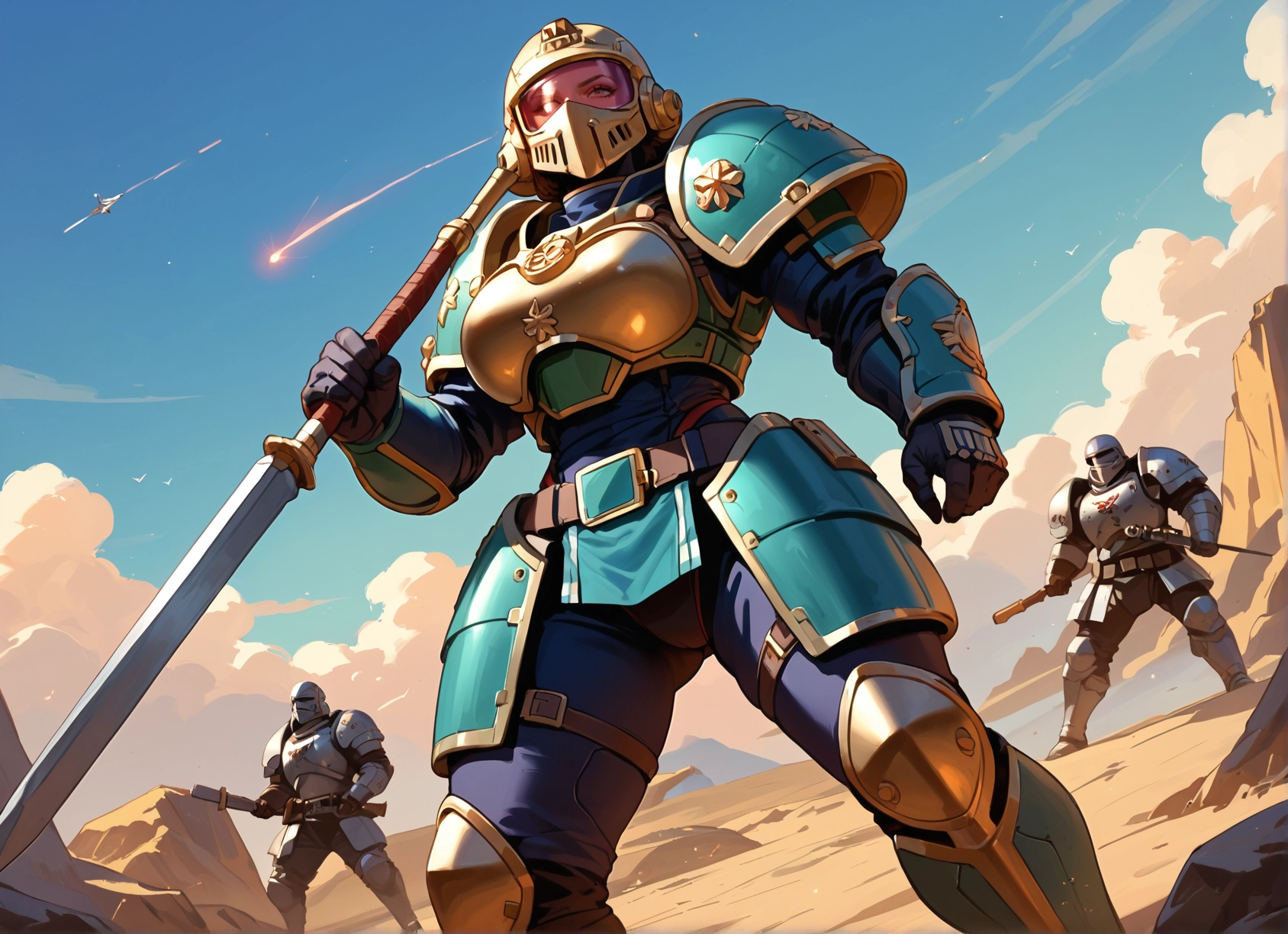 weapon, sword, armor, helmet, 1girl, sky · Yamete.gg