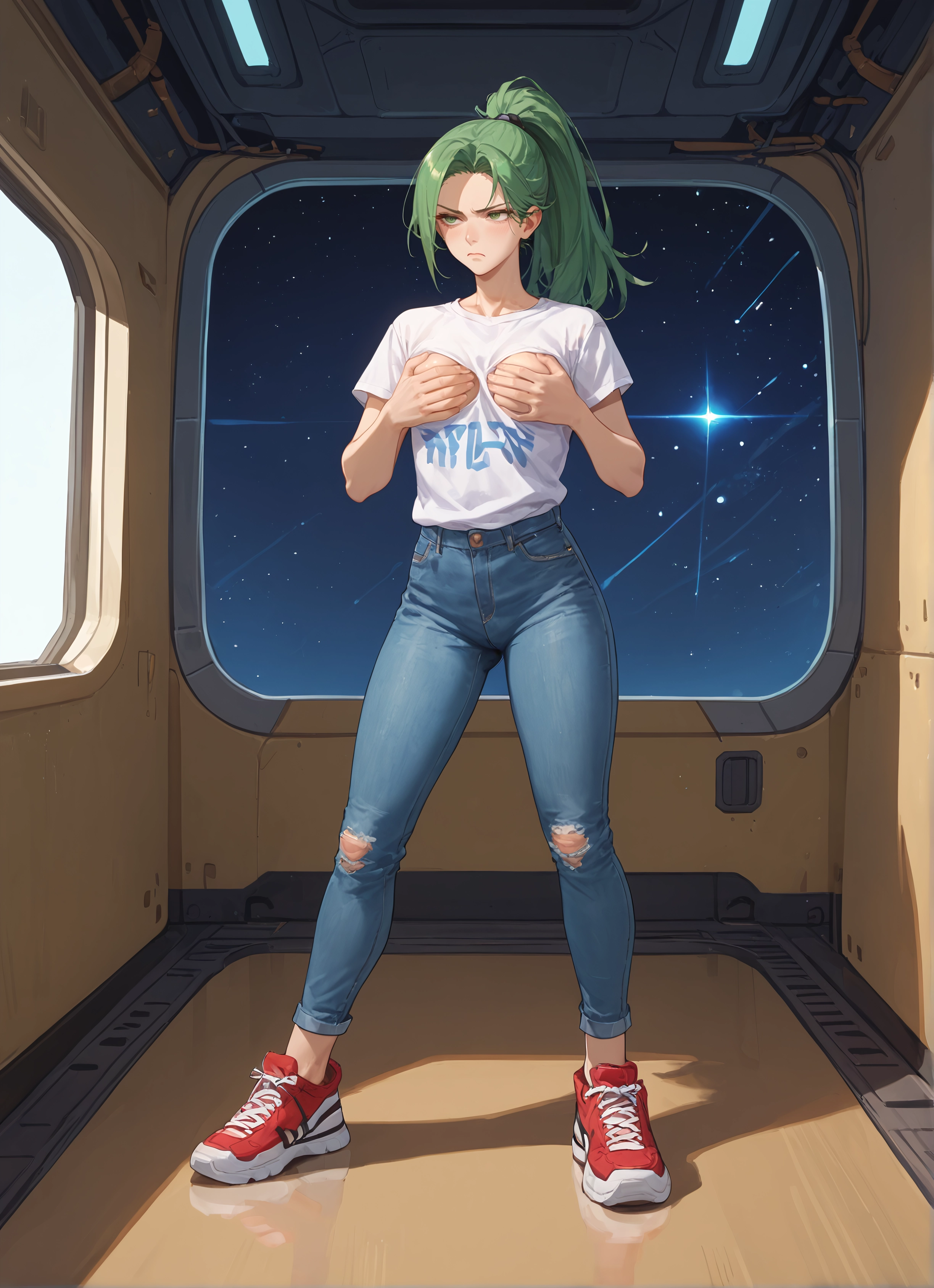 1girl, pants, green hair, denim, jeans, shoes · Yamete.gg