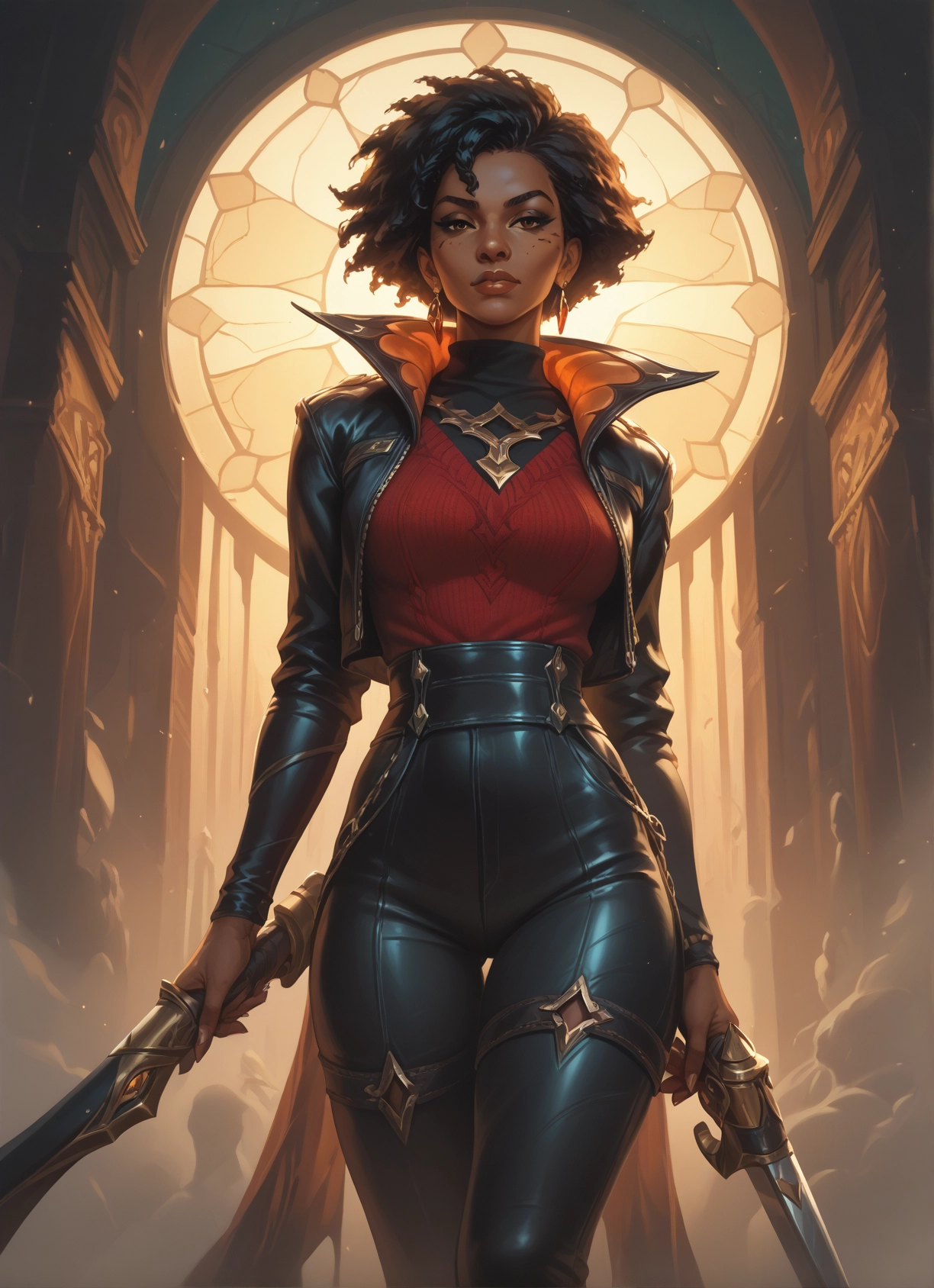 1girl, weapon, jewelry, earrings, holding, jacket · Yamete.gg