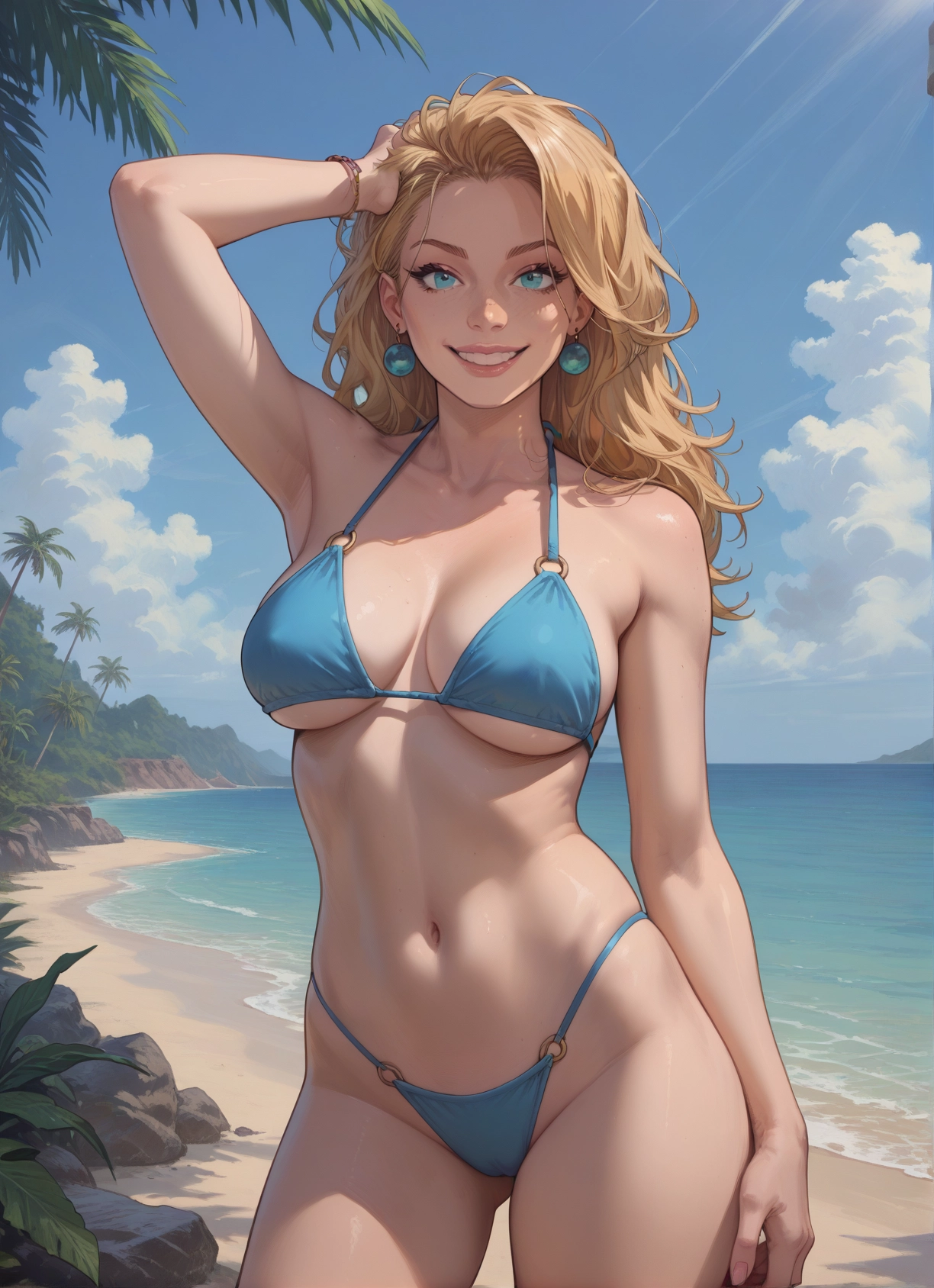 1girl, swimsuit, breasts, solo, bikini, navel