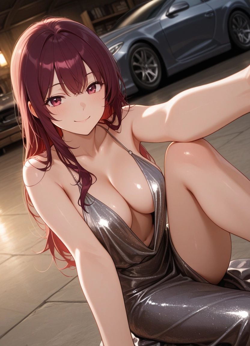 breasts, 1girl, long hair, smile, dress, ground vehicle · Yamete.gg