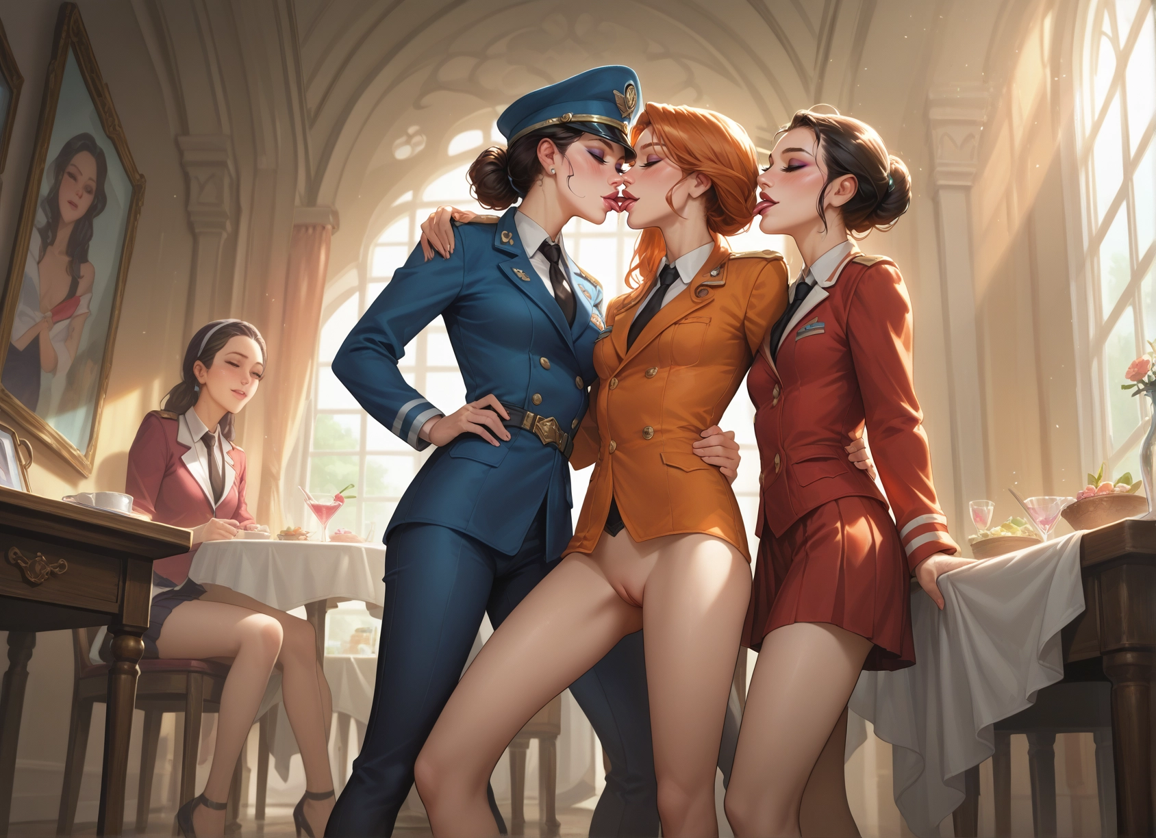 multiple girls, yuri, pussy, skirt, uniform, kiss · Yamete.gg