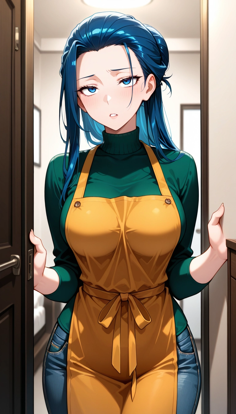 1girl, apron, solo, pants, blue eyes, jeans · Yamete.gg