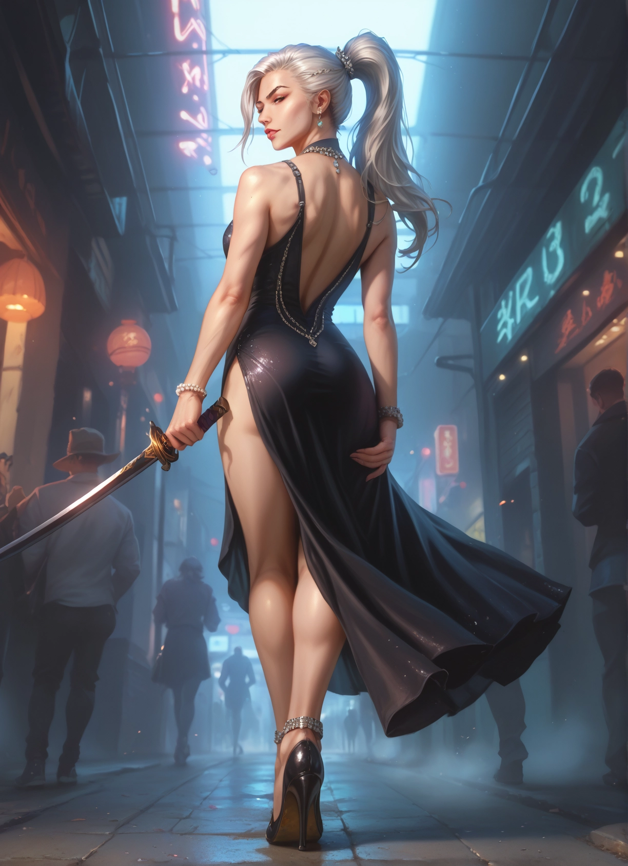 weapon, sword, dress, jewelry, ass, high heels · Yamete.gg